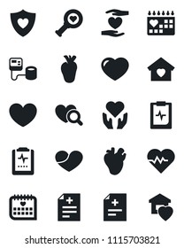 Set of vector isolated black icon - heart vector, pulse, diagnosis, blood pressure, diagnostic, shield, hand, real, medical calendar, clipboard, sweet home