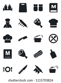 Set of vector isolated black icon - cook vector, cafe, hat, menu, bacon, salt and pepper, ham, rolling pin, cutting board, knife, steaming pan