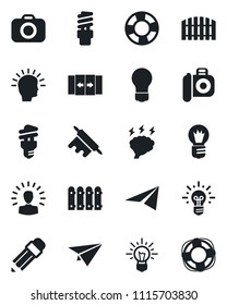 Set of vector isolated black icon - automatic door vector, brainstorm, bulb, camera, pencil, fence, rolling pin, energy saving, shining head, idea, paper plane, crisis management