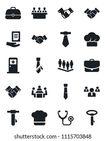 Set of vector isolated black icon - medical room vector, handshake, team, tie, document, stethoscope, meeting, cook hat, case