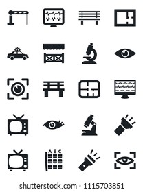 Set of vector isolated black icon - barrier vector, tv, alarm car, seat map, bench, monitor pulse, microscope, eye, torch, plan, alcove, scan