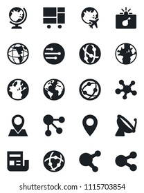 Set of vector isolated black icon - satellite antenna vector, bomb in case, globe, plane, earth, pin, consolidated cargo, network, share, news, social media