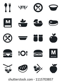 Set of vector isolated black icon - spoon and fork vector, picnic table, cafe, menu, salad, salt pepper, steak, hamburger, bowl, sushi, apple fruit