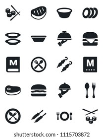 Set of vector isolated black icon - spoon and fork vector, cafe, menu, plates, waiter, steak, kebab, hamburger, bowl, sushi