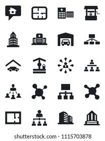 Set of vector isolated black icon - hierarchy vector, well, molecule, hospital, office building, garage, plan, home message