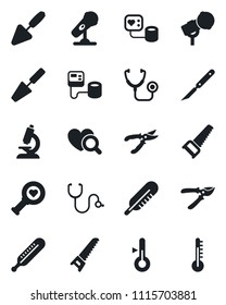 Set of vector isolated black icon - trowel vector, pruner, saw, stethoscope, blood pressure, thermometer, heart diagnostic, microscope, scalpel, microphone