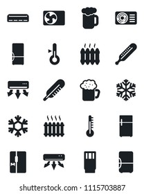 Set of vector isolated black icon - thermometer vector, heater, air conditioner, fridge, drink, beer, snowflake