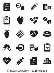 Set of vector isolated black icon - heart pulse vector, diagnosis, syringe, blood pressure, pills, blister, tomography, real, clipboard, hospital
