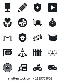 Set of vector isolated black icon - fence vector, baggage trolley, radar, document search, pencil, heart hand, fragile, package, route, vinyl, gamepad, play button, protect, hr, hierarchy, rent, car