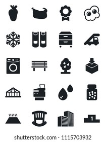 Set of vector isolated black icon - ladder car vector, book, bench, greenhouse, pills bottle, real heart, package, sertificate, office building, archive box, copier, fruit tree, children room, water