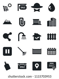 Set of vector isolated black icon - calendar vector, rake, water drop, cargo container, share, pause button, place tag, paper clip, office building, sun panel, mountains, sale, bathroom, dress code