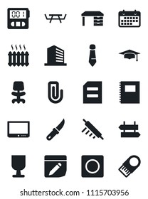 Set of vector isolated black icon - signpost vector, office building, chair, graduate, desk, tie, document, garden knife, picnic table, term, fragile, tv, stopwatch, record, notes, copybook, heater