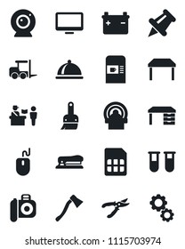 Set of vector isolated black icon - coffee machine vector, passport control, fork loader, mouse, desk, pruner, axe, blood test vial, tomography, camera, monitor, paper pin, themes, sim, stapler, web