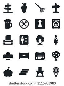 Set of vector isolated black icon - fence vector, elevator, female, rake, tree, pumpkin, fireplace, real heart, pregnancy, term, paper tray, fruit, washer, restaurant table, cafe, beer, guidepost