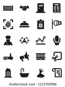 Set of vector isolated black icon - wind vector, handshake, sproute, railroad, cargo container, loudspeaker, microphone, cut, identity card, hr, point graph, contract, bathroom, city house, cook