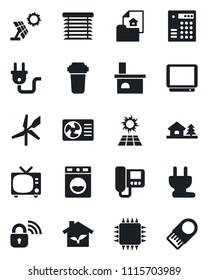 Set of vector isolated black icon - tv vector, fireplace, house with tree, estate document, chip, eco, power plug, wireless lock, air conditioner, intercome, water filter, washer, jalousie, windmill