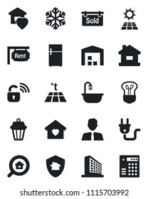 Set of vector isolated black icon - office building vector, house, warehouse, rent, sold signboard, estate search, agent, bathroom, sweet home, power plug, wireless lock, snowflake, warm floor, bulb