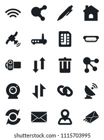 Set of vector isolated black icon - trash bin vector, mail, pen, house, navigation, satellite antenna, video camera, share, chain, sim, data exchange, wireless, update, hot dog, router, web