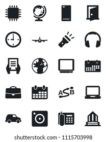 Set of vector isolated black icon - globe vector, plane, document, calendar, earth, route, tv, headphones, laptop pc, phone back, mobile camera, torch, case, clock, office, chip, door, car, building