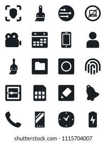 Set Of Vector Isolated Black Icon - No Laptop Vector, Mobile Phone, Call, Themes, User, Clock, Bell, Record, Scanner, Sim, Network, Folder, Calendar, Notes, Face Id, Fingerprint, Video, Charge