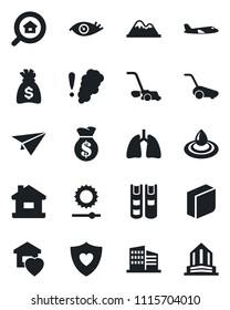 Set of vector isolated black icon - plane vector, money bag, lawn mower, heart shield, lungs, eye, brightness, blank box, book, house, mountains, office building, estate search, sweet home, water
