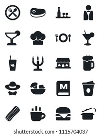 Set of vector isolated black icon - coffee vector, waiter, alcohol, cafe, cook hat, menu, cocktail, phyto bar, beer, salad, bacon, building, candle, dress code, steak, hamburger, steaming pan
