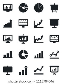 Set of vector isolated black icon - growth statistic vector, presentation board, circle chart, monitor pulse, statistics, bar graph, pie, point