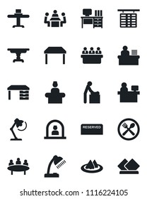 Set of vector isolated black icon - baby room vector, reception, flight table, desk, meeting, manager place, lamp, restaurant, serviette, cafe, reserved