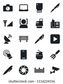 Set of vector isolated black icon - camera vector, pen, garden fork, bench, barcode, satellite antenna, touch screen, radio phone, play button, back, mobile, face id, cellular signal, notebook pc