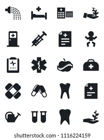 Set of vector isolated black icon - baby vector, medical room, watering can, doctor case, diagnosis, syringe, blood test vial, pills, patch, ambulance star, hospital bed, tooth, pulse clipboard