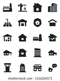 Set of vector isolated black icon - airport tower vector, house, store, warehouse storage, office building, with garage, city, crane, factory, estate insurance, eco, warm floor, home message