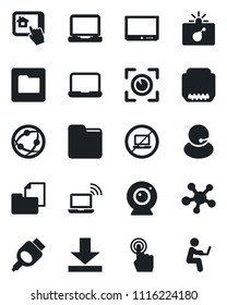 Set of vector isolated black icon - no laptop vector, bomb in case, wireless notebook, support, folder document, tv, network, touch screen, pc, share, hdmi, download, web camera, home control app