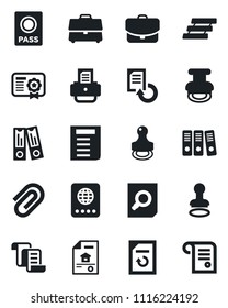 Set of vector isolated black icon - passport vector, stamp, contract, office binder, document search, reload, printer, case, paper clip, tray, estate, certificate