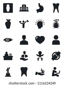 Set of vector isolated black icon - dispatcher vector, male, baby, pedestal, stomach, real heart, tooth, eye, joint, hospital, virus, client, user, manager desk, palm sproute, shining head