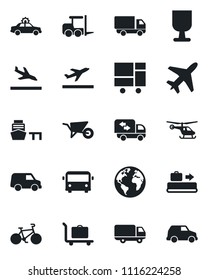 Set of vector isolated black icon - plane vector, departure, arrival, baggage conveyor, trolley, airport bus, alarm car, fork loader, helicopter, wheelbarrow, bike, earth, delivery, sea port, moving
