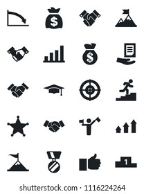 Set of vector isolated black icon - dispatcher vector, handshake, medal, graduate, money bag, document, finger up, bar graph, target, career ladder, police, arrow, motivation, crisis, pedestal
