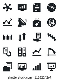 Set of vector isolated black icon - satellite antenna vector, bomb in case, office binder, crisis graph, document, statistic monitor, reload, diagnosis, barcode, network, share, data exchange, bar