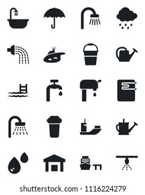 Set of vector isolated black icon - shower vector, watering can, bucket, rain, sea shipping, port, umbrella, warehouse, pond, pool, water supply, bathroom, heater, filter, sprinkler