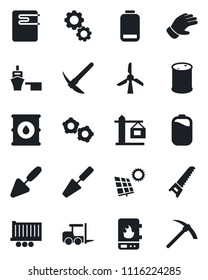 Set of vector isolated black icon - fork loader vector, gear, trowel, glove, saw, truck trailer, sea port, oil barrel, low battery, sun panel, crane, water heater, windmill, hard work