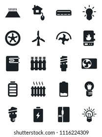 Set of vector isolated black icon - bulb vector, ripper, battery, low, heater, air conditioner, fridge, home control, fan, water, radiator, warm floor, energy saving, windmill, idea