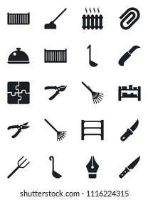 Set of vector isolated black icon - farm fork vector, rake, pruner, hoe, garden knife, cargo container, rack, application, paper clip, ink pen, heater, dish, ladle