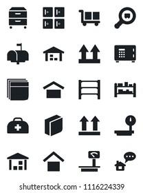 Set of vector isolated black icon - safe vector, checkroom, doctor case, cargo, warehouse storage, up side sign, heavy scales, search, rack, blank box, archive, mailbox, home message