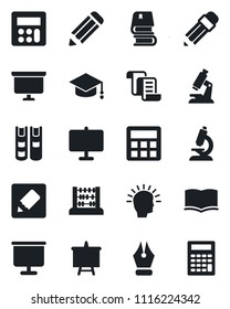 Set of vector isolated black icon - contract vector, book, graduate, abacus, presentation board, pencil, microscope, calculator, notes, ink pen, shining head
