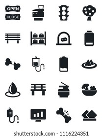 Set of vector isolated black icon - ticket office vector, luggage storage, statistic monitor, water drop, bench, dropper, broken bone, traffic light, low battery, copier, fruit tree, serviette