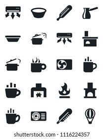 Set of vector isolated black icon - hot cup vector, coffee, fire, fireplace, thermometer, air conditioner, bowl, steaming pan, turkish, balloon
