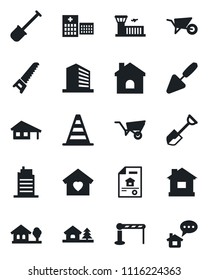 Set of vector isolated black icon - barrier vector, border cone, airport building, office, trowel, shovel, wheelbarrow, saw, house, hospital, with garage, tree, estate document, sweet home, city