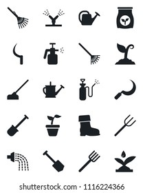 Set of vector isolated black icon - job vector, shovel, farm fork, rake, seedling, watering can, sproute, boot, hoe, sickle, garden sprayer, fertilizer, irrigation
