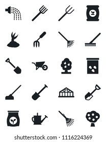 Set of vector isolated black icon - job vector, garden fork, shovel, farm, rake, watering can, wheelbarrow, sproute, hoe, greenhouse, seeds, fertilizer, fruit tree