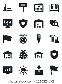 Set of vector isolated black icon - contract vector, statistic monitor, lady bug, plant label, blood test vial, heart diagnostic, shield, medical calendar, warehouse, package, alcohol, alarm led