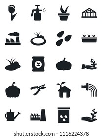 Set of vector isolated black icon - factory vector, seedling, watering can, pruner, pumpkin, greenhouse, seeds, pond, garden sprayer, fertilizer, tulip, eco house, palm sproute